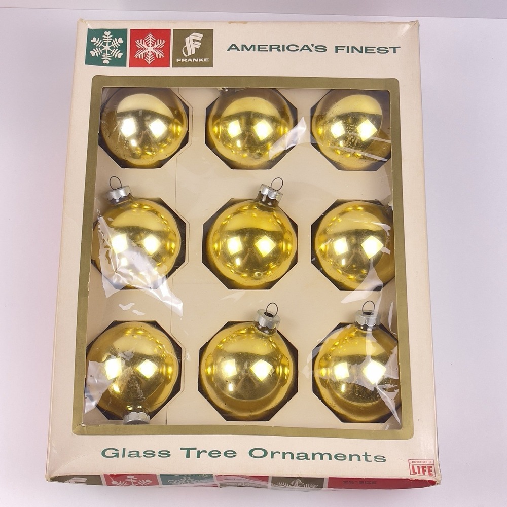 Vintage Franke Gold Glass Christmas Ball Ornaments Set of 9 America's Finest